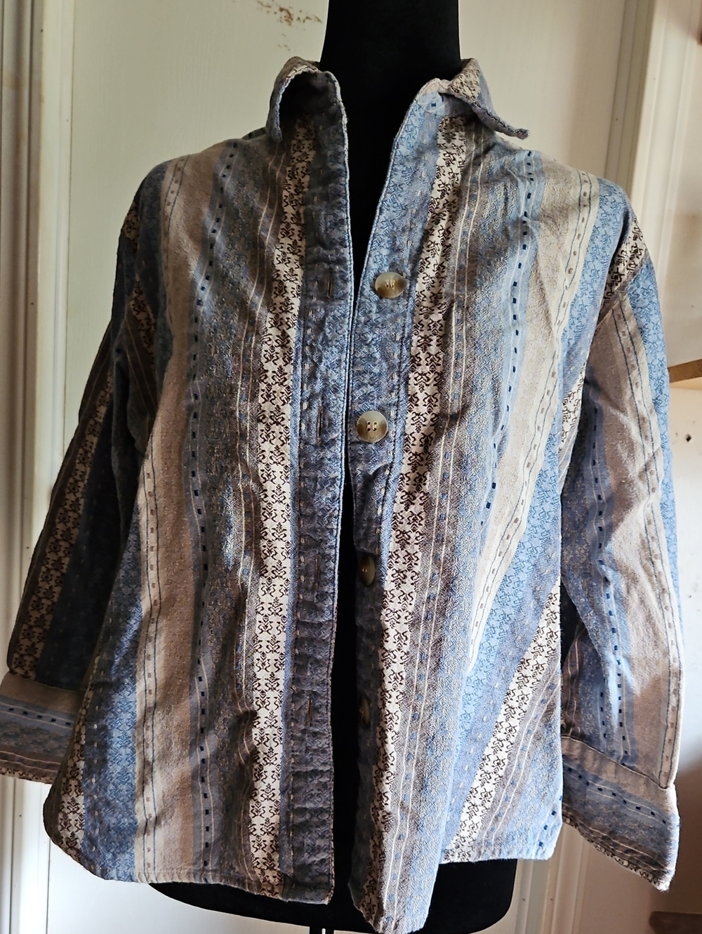 Striped Blue and Cream Button-Front Women’s Blouse Jacket